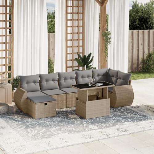 Homgoday Set de sofás de jardín y Cojines 8 Piezas ratán sintético Beige Sofá de jardín Muebles Conjunto Jardin Ratan Sofa de Jardin Exterior Chill out Sofas con almacenaje Beige y Gris