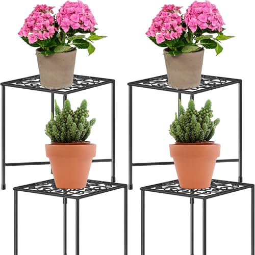 Beeveer 4 Pcs Metal Plant Stand Indoor Square Flower Stand 8 x 8 x 11 Inches Outdoor Planter Stand Heavy Duty Potted Holder Rustproof Waterproof Black Iron Rack Garden Container Supports Display Plant