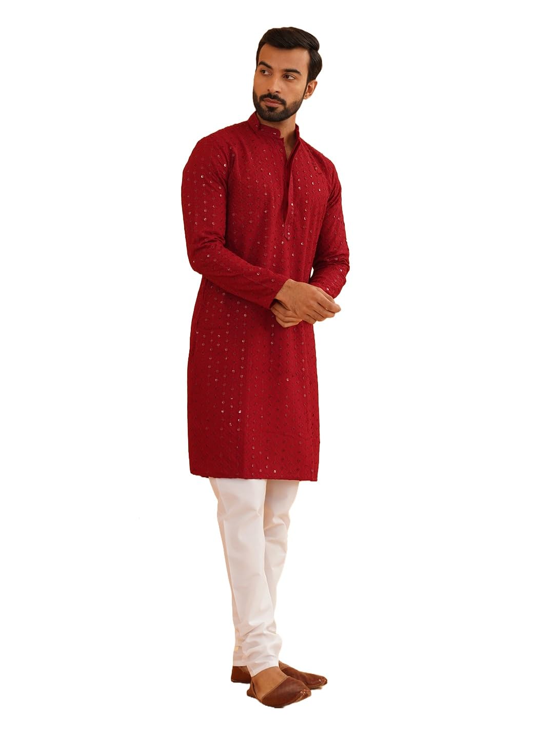 Sojanya (Since 1958 Men's Sequinned Embroidered Maroon Cotton Kurta And White Pyjama Set