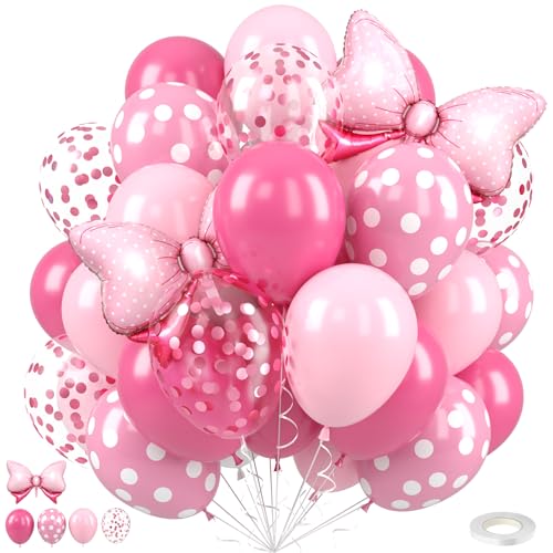 Pink Bow Balloons 12 Inch Hot Pink Rose Dots Bow Foil Balloon and Confetti Balloons with Ribbon for Girls Birthday Baby Shower Decoration Birthday Wedding