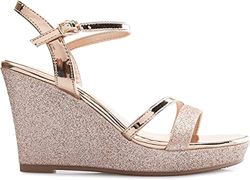 Forever FQ22 Women's Glitter Strappy Wrapped Wedge Heel Platform Sandals, Rose Gold-1, Size 82