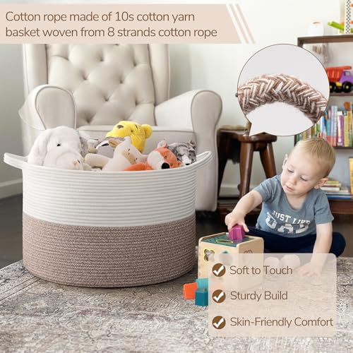 Image of INDRESSME Large Blanket Basket, Laundry Toy Storage Baskets, Decorative Woven Basket for Living Room & Nursery, Baskets for Gifts Empty, Laundry, Dog Toys, Towels, White & Brown, 19.7 inch D x 12.6 inch H