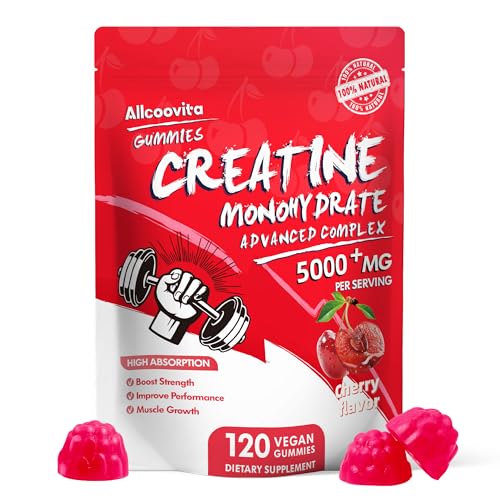 Image of Allcoovita Creatine Monohydrate Gummies 5g for Men & Women. Boost Focus,Strength, and Endurance, Anti-Melting Formula, Vegan, Gluten-Free, Non-GMO,(Cherry 120 ct)