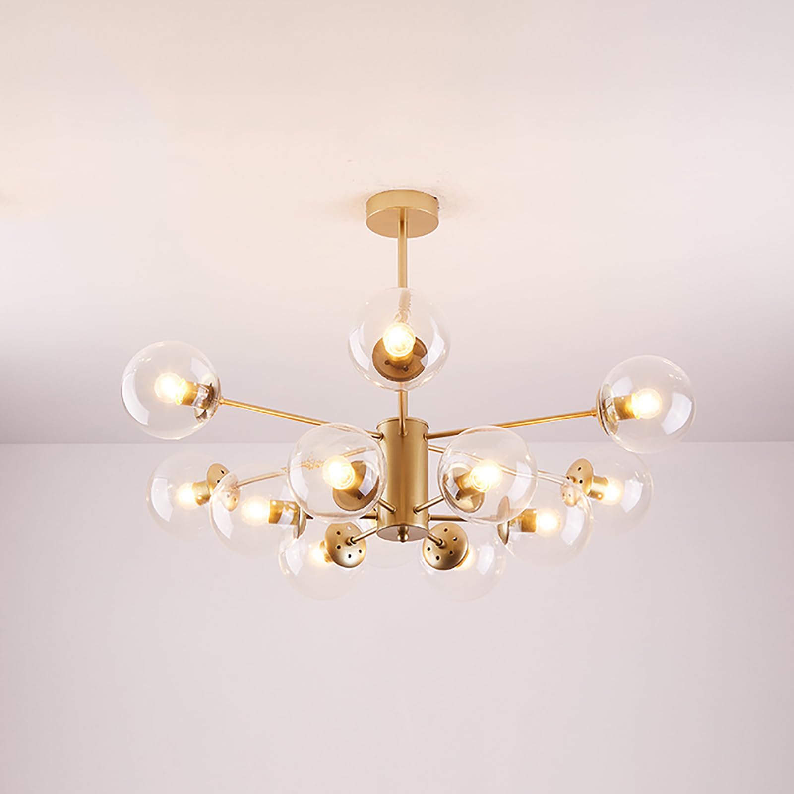 ksxnkhk Mid Century Modern Chandelier, Glass Linear Pendant Light Dimmable Light Fixture, Decorative Globe Ceiling Light for Dining Room, Bedroom, Kitchen, Easy Installation(12 Heads, Gold + Clear)