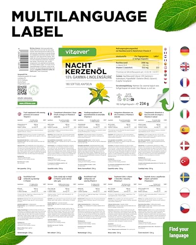 vit4ever Nachtkerzenöl - 180 Kapseln - Hochdosiert mit 2000 mg je Tagesdosis - Premium: 10% Gamma-Linolensäure GLA, mit natürlichem Vitamin E & kaltgepresst - Laborgeprüft