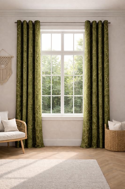 Image of Bilji Pattern Velvet 9 Feet Blackout Curtain Panels, 70% Light-Blocking Heavy Thermal Insulated Drapes Golden Foil Set of 1 (274 * 121cm, Green)