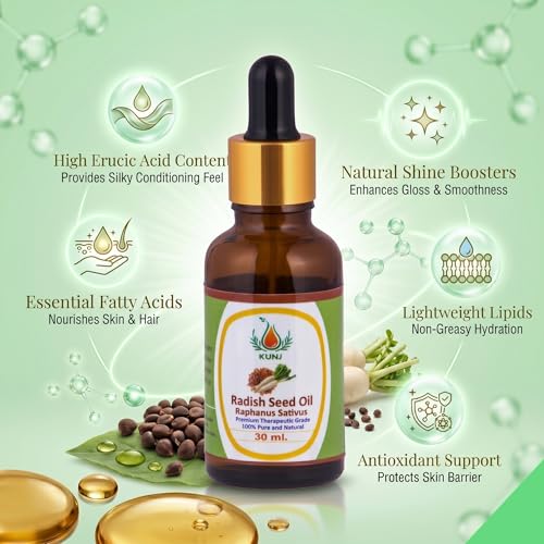 Image of KUNJ Radish Seed Oil (Raphanus sativus) 30ML - 100% Pure & Natural Cold Pressed Undiluted Carrier Oil for Hair Growth, Scalp Care, Skin Nourishment & DIY Beauty Blends
