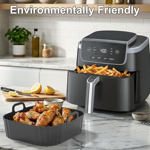 Image of Square Silicone Air Fryer Liners 2 Pack, 8.5 Inch Reusable Air Fryer Liners for 5-6.5QT, Compatible with Ninja AF141 /AF181, COSORI, Non-Stick Silicone Basket Accessories