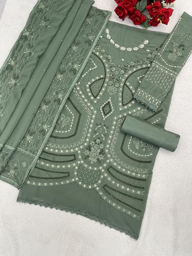 Image of RUDRAPRAYAG Women's Georgette Fabric Wih Embroidered Sequence Work And On Neck Moti Hand Work Semi Stitched Sharara Salwar Suit With Dupatta Set