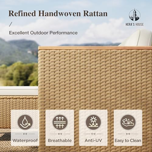 HERA'S HOUSE Small Patio Furniture Set, 3 Pieces Wicker Outdoor Sectional Sets,Yellow Rattan Conversation Set with Sofa and Coffee Table for Garden and Backyard, l Shape Boho Balcony Couch Sets - Image 4