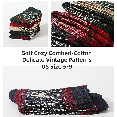 Image of 5-Pairs Vintage Knitting Stripe Reindeer Wave Pattern Women's Fluffy Cute Crew Socks Warm Soft Cotton Calf Socks