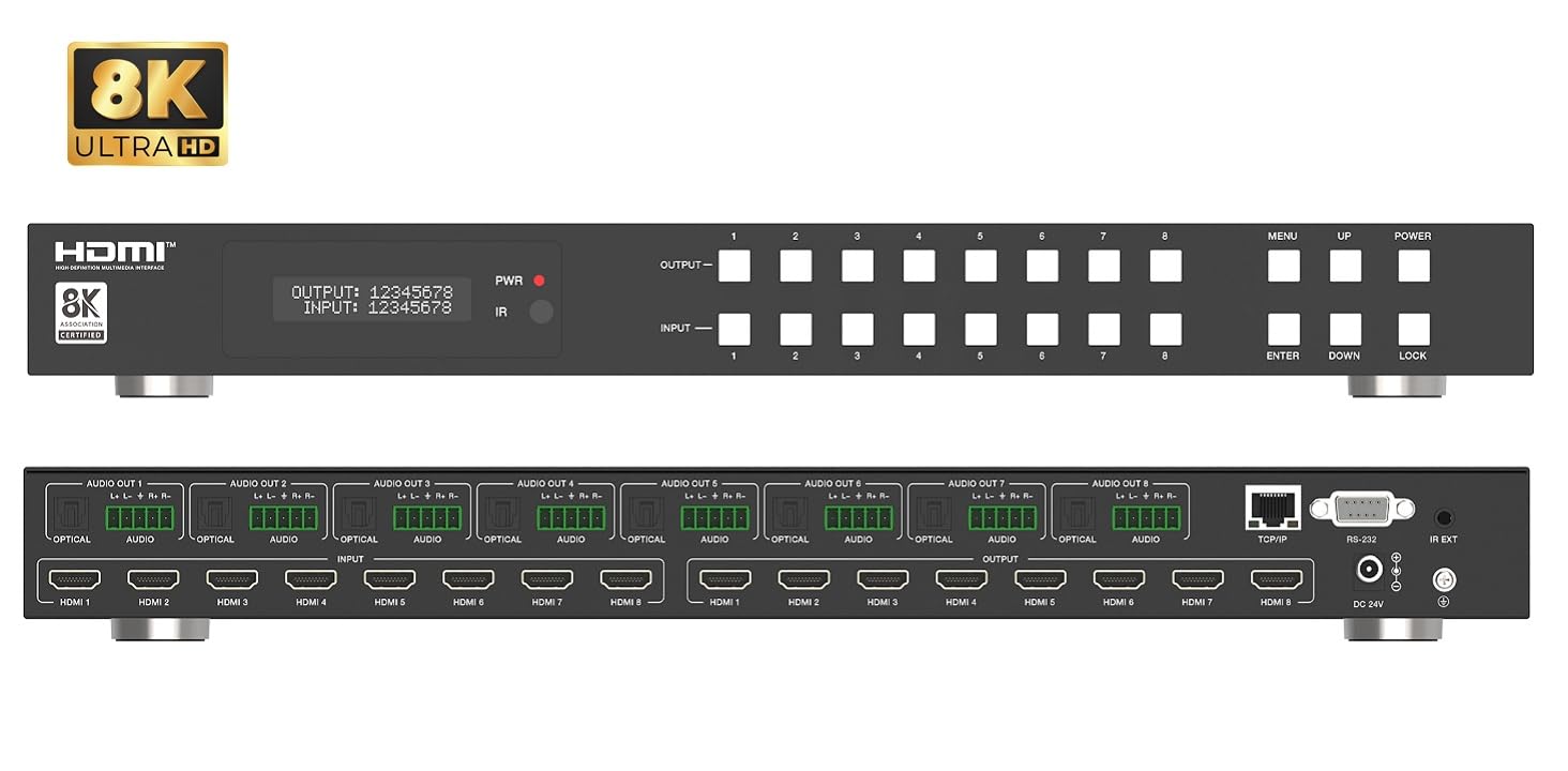 8x8 8K HDMI Matrix Switch 8K60Hz YCbCr 4:2:0 10bit. HDMI 2.1 y HDCP 2.3. Conmutación rápida. Reducción de escala y desincrustación de audio. Diseño de montaje en rack 1U.