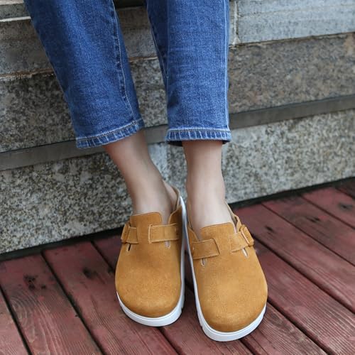 Image of Women's Suede Platform Clogs Leather Mules Slip On Indoor Outdoor Shoes | Arch Support, Cork Footbed, Adjustable Buckle,Water Resistant Upper,All Day Comfort