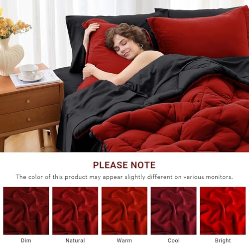 MUXHOMO 7 Pieces Queen Comforter Set, Reversible Bed in a Bag Queen Size, All Season Bedding Set with Comforter, Flat Sheet, Fitted Sheet, Pillowcases & Shams, Red & Black - Image 5