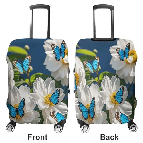 Carry on Luggage Cover White Blooms Blue Butterflies Suitcase Covers for Luggages Tsa Approved Travel Luggage Sleeve Protector Elastic Suitcase Protector Anti-Scratch Washable Fits 19-30 Inch Case -L3