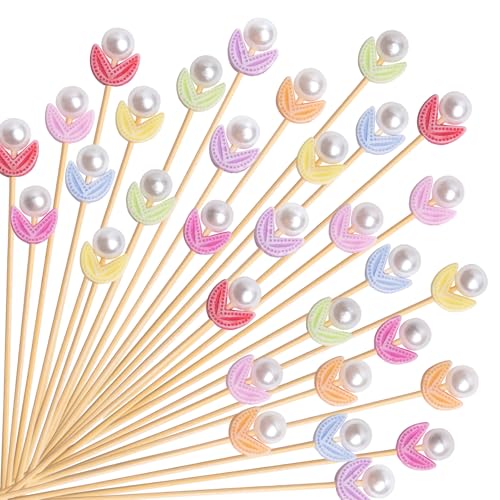 120 Pcs Tulip Cocktail Picks 4.7 Inch Pearl Flower Decorative Toothpicks for Easter Holiday Theme Party Spring Long Cocktail Sticks Appetizers Fruits Drink Garnish Party Supplies