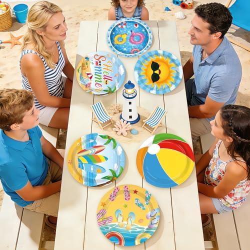 Image of 60 Pcs Beach Pool Party Paper Plate 7 inch Heavy Duty for Summer | Beach Hawaii Theme Disposable Dessert Cake Platters for Luau Hawaii Swimming BBQ Birthday Party Supplies Decorations