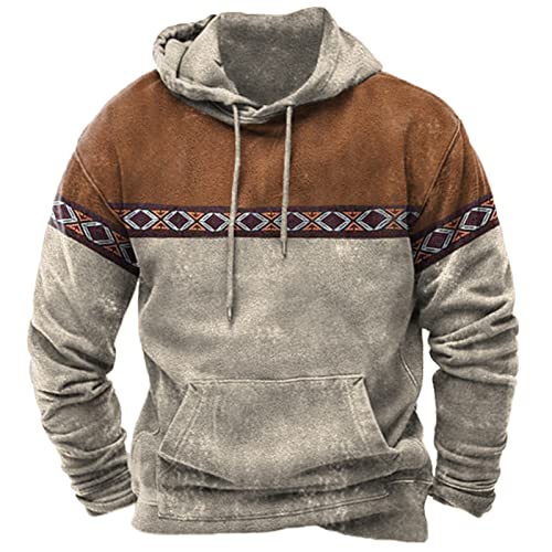Aztec Hoodies for Men Retro Ethnic Tribal Print Long Sleeve Hooded Sweatshirts Lightweight Color Block Patchwork Top