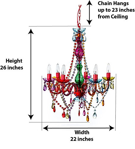 Image of The Original 6 Light Multi Color Gypsy Chandelier H26 inch W22 inch, Red Metal Frame with Multi Color Acrylic Crystals