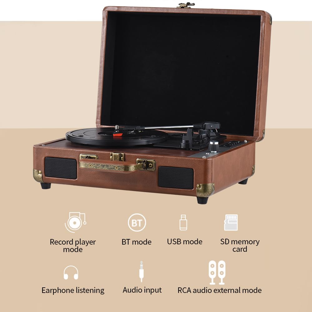 Jeffergarden Player De Discos Retro con Transmisión Inalámbrica 33 45 78 RPM Toca Discos para Reproducción De Cartas SD USB Puerto De 3.5 Mm con Altavoces Estéreo Incorporados (Brown)