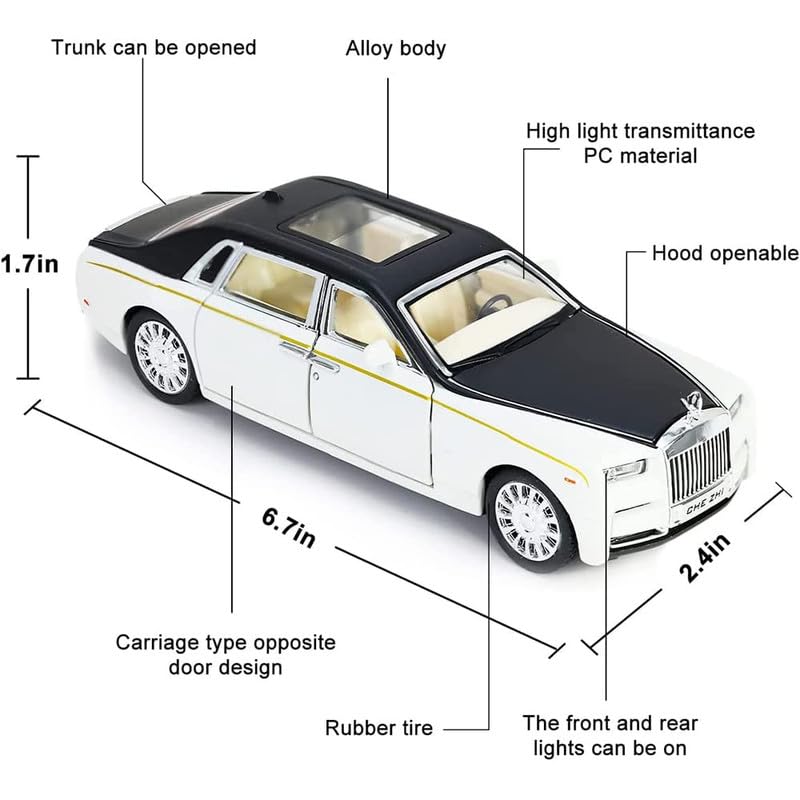 Image of PINQUE Kids Diecast Metal Car 1:32 R Royce Phantom, Silver, Pull Back, Openable Doors, Music Sound, Light, Boys 4+