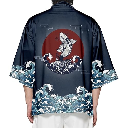 Image of DOSLAVIDA Men's Japanese Kimono Jacket Set Stylish Open Front Coat With Shorts Chinese Style Printed Cardigan Suit