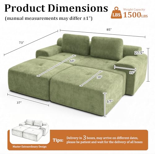 Image of 85 inch Oversized Boneless Couch, Comfort Cloud Sectional Couches for Living Room, Modular Sofa High Back & Extra Deep Seat, No Assembly, Soft Chenille Fabric (Olive Green, 85 inch- Shaped（2+2）)