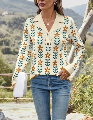 Image of LOMON Sweaters for Women 2025 Fall Knitted V-Neck Collared Button Pullover Dressy Casual Long Sleeve Polo Shirts Business