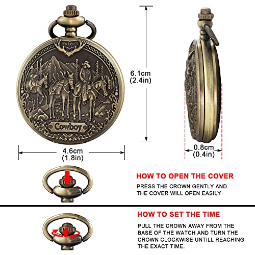 Image of Tiong Vintage Pocket Watch Engraved Cowboy Skull Wolf 3D Pattern Arabic Numerals Quartz Pocket Watch with Chain Best Gifts
