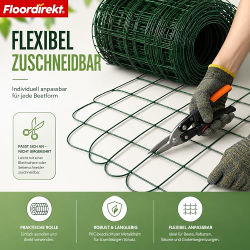 Floordirekt Beetzaun Metall, 65 cm x 10 m, Ziergeflecht, dekorative Beeteinfassung, Beetumrandung, Gartenzaun, Zaun zum Stecken, Drahtzaun, Zierzaun, kleiner Zaun für Garten