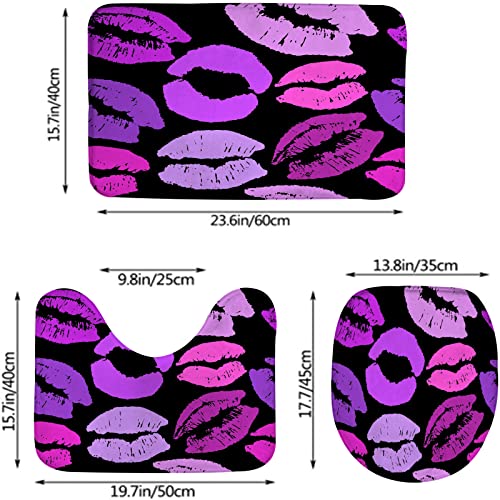 Badezimmerteppich-Set, 3-teilig, Lila Lippen, waschbare Badeteppiche, rutschfest, mit Rückenpolster, Konturteppich und Toilettendeckelbezug – Bild 4