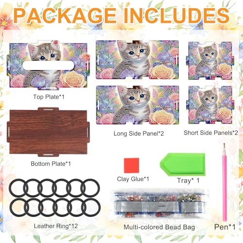 Image of DIY Diamond Painting Tissue Box, Cat Design Diamond Art Wooden Rhinestone Napkin Holder, Floral Tabletop Crystal Rhinestones Art Box for Home Organizer & Table Decor