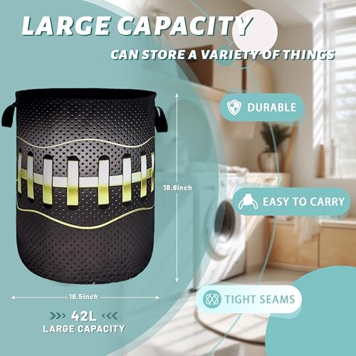 Image of Grey Baseball Laundry Basket Oxford Cloth Hamper 18.9x16.5 Inch | Foldable With Handle Tote Bag Sports Theme Laundry Hamper Clothes Storage Bucket Toy Organizer For Bathroom /Laundry /Bedroom