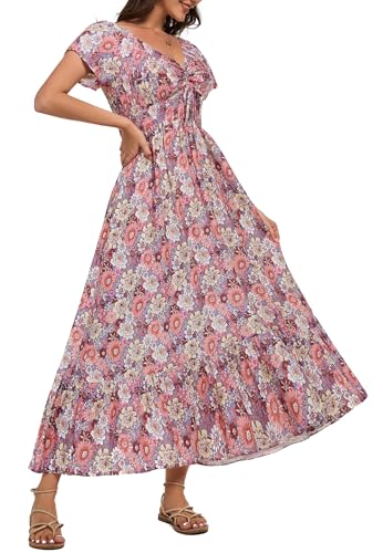 Image of Summer Smocked Boho Maxi Dress for Women 2026 Short Sleeve Floral Smocked Flowy Ruffled Beach Vacation Dresses Lightweight