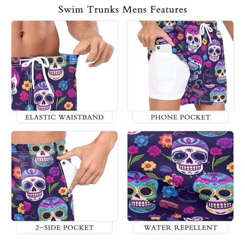 xigua Skull Flower Mens Swim Trunks with Liner, 5 inch Quick Dry Mens Boardshorts for Beach3