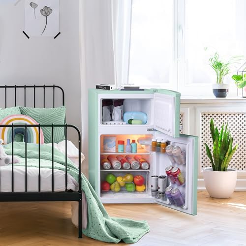 West Bend Mini Fridge with Freezer for Bedroom, Office, Bar or Dorm Room, Retro Compact Refrigerator features Glass Shelves, Manual Defrost and Adjustable Temperature Control, 3.1-Cu.Ft., Green