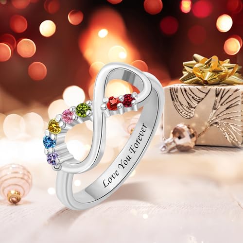 BAUMA AUTO Personalized Mother Ring with 1-9 Birthstones Custom Engraving Infinity Ring for Women Family Promise Ring for Mom Grandma Christmas Gifts for Her2