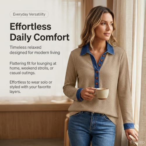 Waffle Knit Tops for Women Denim Patchwork Long Sleeve Collar Neck Tops | Henley Shirts for Women, Soft, Long Sleeve,Collared, Comfy, Casual, Work, Lounge, Workout, Travel, Fall Clothes for Women - image 5