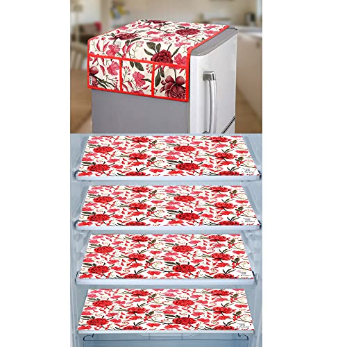 Image of Combo Set of 1 Pc Fridge Top Cover with 6 Utility Pockets And 4 Pc Fridge Mats (Red, Set of 5) (1FC4FM-ROSEFLW-RED)