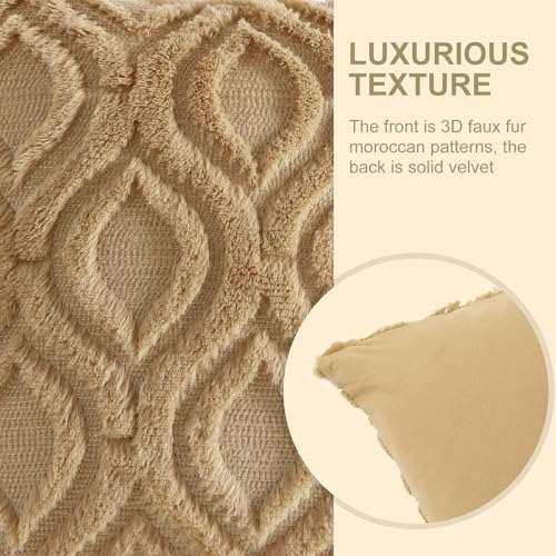 decorUhome Throw Pillow Covers 18x18 Inch Set of 2, Soft Plush Decorative Faux Fur Light Brown Solid Couch Pillow Covers, Accent Farmhouse Neutral Square Euro Pillow Cases for Sofa Bed Living Room