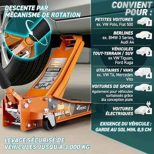 TRESKO Cric hydraulique 3 tonnes - Hauteur de levage 75-510 mm - Cric hydraulique plat avec double piston et roulettes à 360° - Avec 2 patins en caoutchouc, tapis de protection, gants et lame profilée - 3
