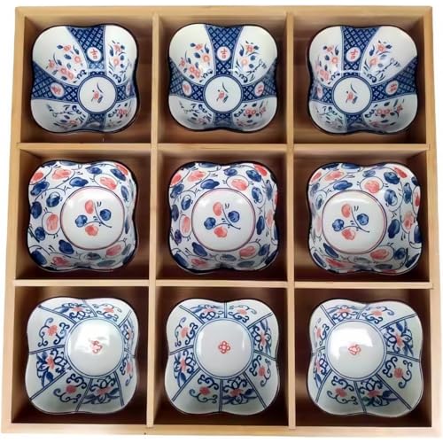 陶器小皿セット 前菜皿 9点セット スナック皿 Kisigim 仕切り竹製トレー付 小鉢 おかずや醤油などを入れ 調味料皿 和食器 焼肉店、寿司店用 (I)