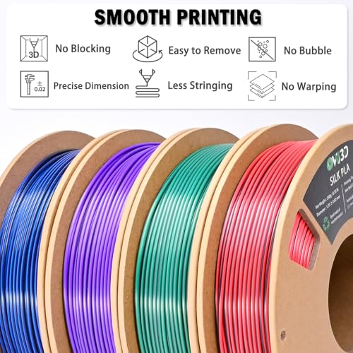 Image of OVV3D Silk PLA 3D Printer Filament Bundle 250g x 4 Spools, Shiny Dual Color Filament 1.75mm Pack, Multi Color Change 3D Printing Filament, High Gloss Shine, 4 Pack (Black - Purple, Red, Green, Blue)
