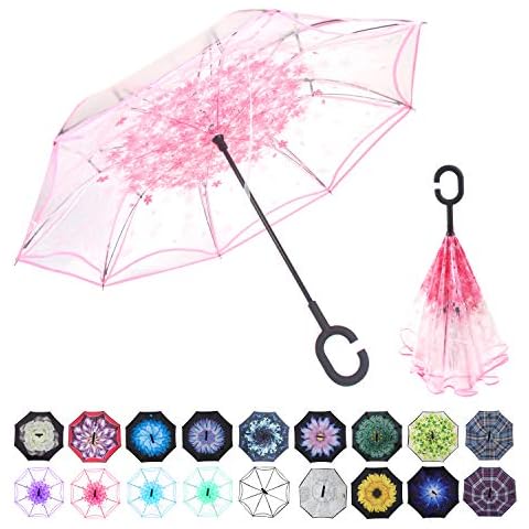 WASING Double Layer Inverted Umbrella Cars Reverse Umbrella, Windproof UV Protection Big Straight Umbrella for Car Rain Outdoor with C-Shaped Handle (Transparent Pink) Cover