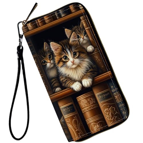 Ladies Wallet,Clutch Purses for Women Wallets Leather Credit Card Holder for Women Wristlet Slim Small Cute with Zipper,Thin RFID Blocking with Wrist Strap,Cute Cat Bookshelf