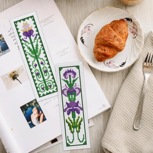 Image of INFUNLY 6 Sets Retro Plant Flowers Cross Stitch Bookmark Kits for Beginners 22*8cm DIY Stamped Embroidery Bookmarks Kits with Instruction Full Kit of Handmade Cross Stitch Bookmark for Reader Lovers