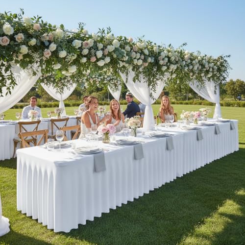 Image of HolidayIdeas White 4ft Spandex Tablecloth 2 Pack Fitted Stretch Rectangluar Table Skirts 24x48 Inch, Wrinkle-Free Floor Length Polyester Table Cover for Weddings Parties Banquets Events