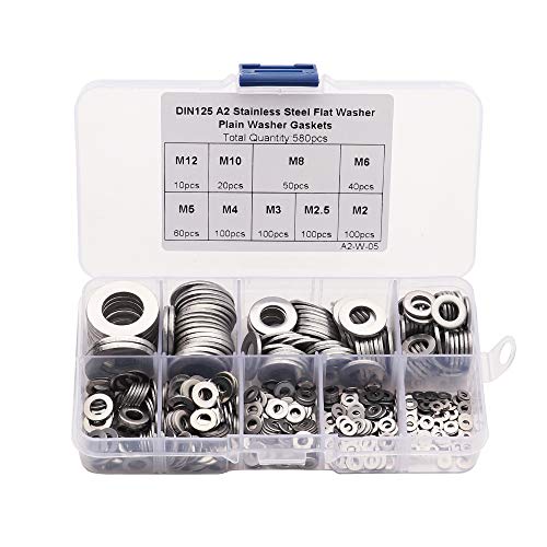Multi-Size DIN125 A2 Stainless Steel Flat Washer, 580Pcs/Set Plain Washer Gaskets Assortment Set, M2 M2.5 M3 M4 M5 M6 M8 M10 M12