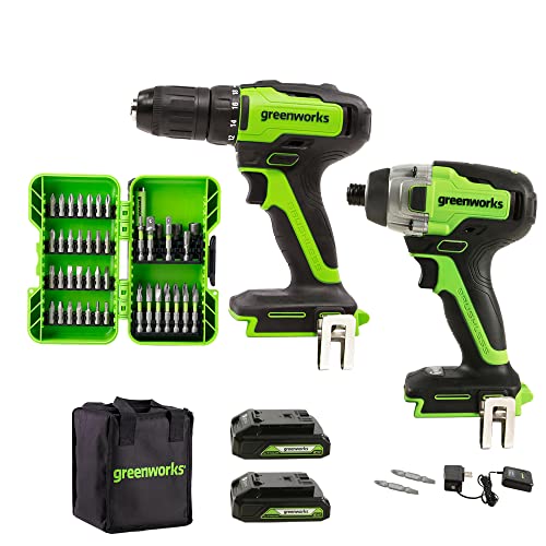 Greenworks 24V Drill + Impact Driver, (2) 1.5Ah Battery + 50 Piece Impact Bit Set #TOP9