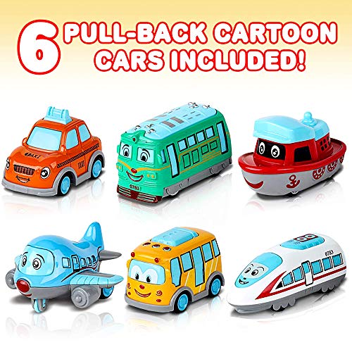 Artcreativity AC-637 Metal Cartoon Car Set - Set Of 6 Mini Pullback Toy Cars - Pullback Train, Bus, Taxi, Tram, Plane And Ship thumb #1